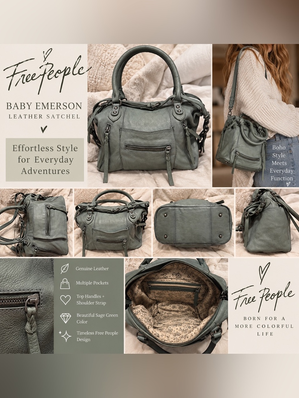 Free People Baby Emerson Leather Satchel – Sage Green